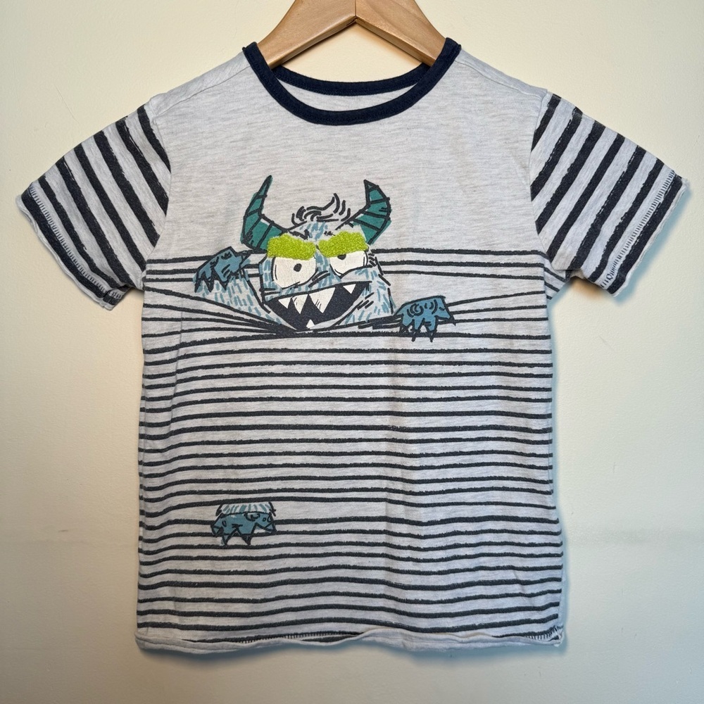 Hatley Boy's Short Sleeve Graphic Tee T-Shirt, White (Monster In Stripes) 4T